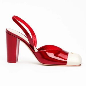 Chanel 26S Blazy Red White Square Toe Sling Logo Slingback Block Heel Pump 39.5